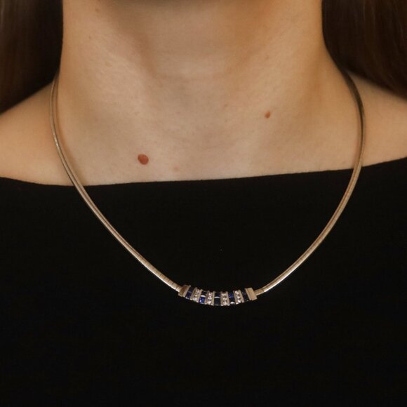 White Gold Sapphire Diamond Curved Station Necklace - 14k Princess 1.58ctw - Picture 2 of 6